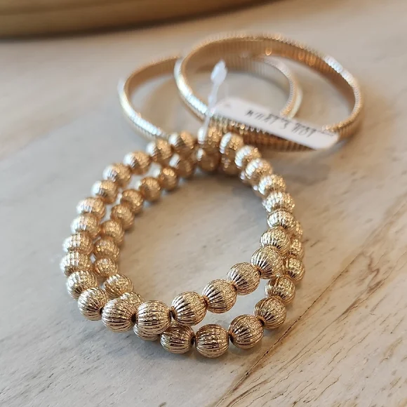 Women's Textured Beaded Gold Ribbed Stretch Water-Resistant Bracelets Set of 4 - Picture 4 of 6